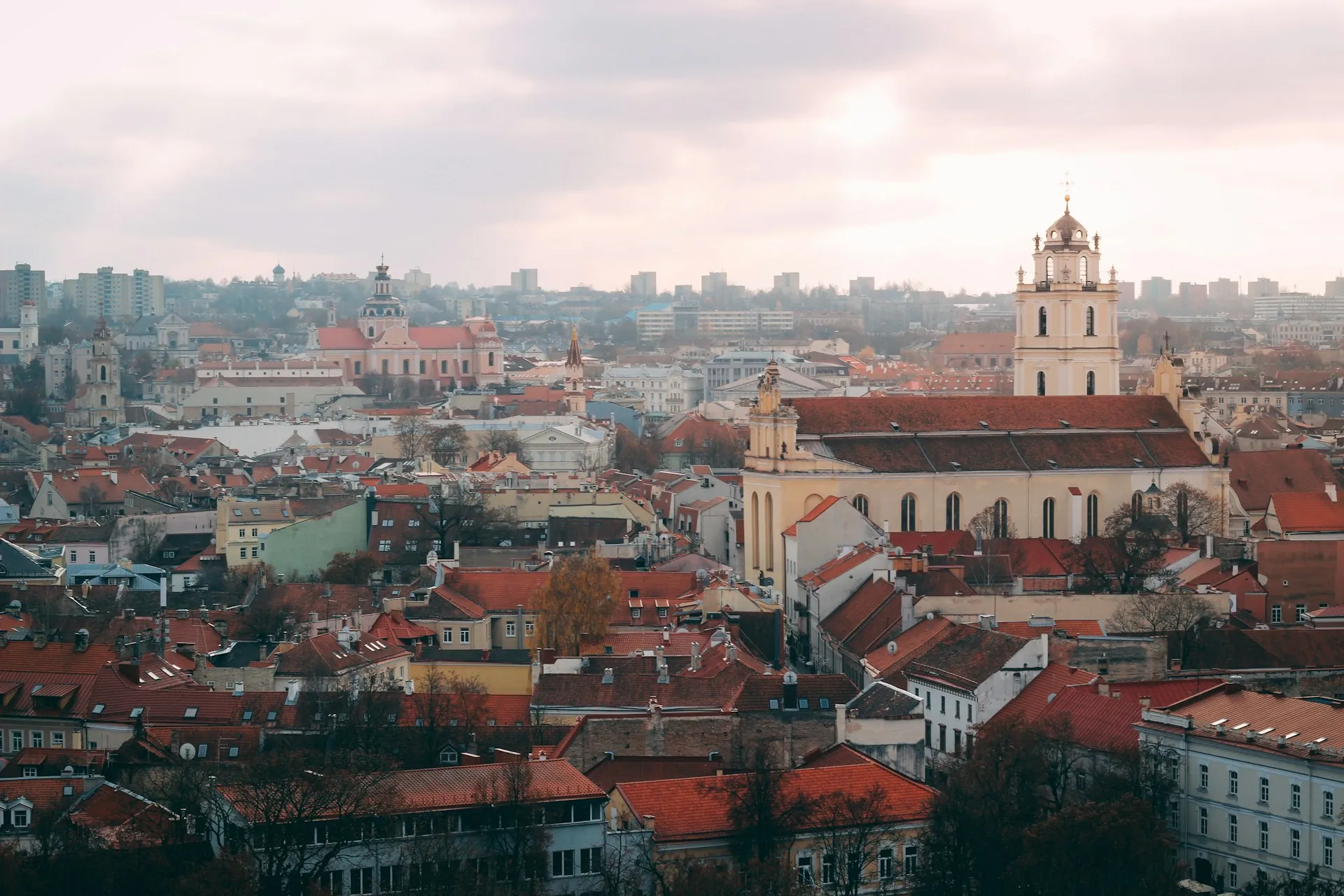 Baroque spires and red rooftops over the Vilnius Old Town, Lithuania
